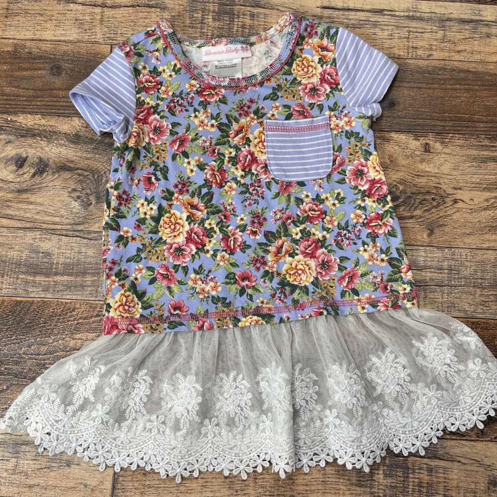 Bonnie Baby Lace Trim Dress Baby Girls 18m Floral Garden Pocket